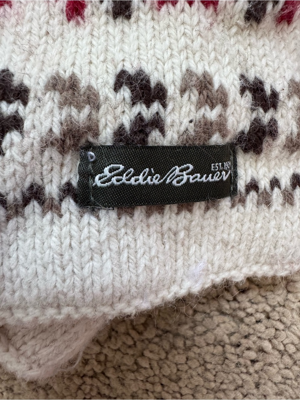 Eddie Bauer Fair Isle Winter Knit Scarf One Size Cream Red Gray Wool Blend - Picture 2 of 4